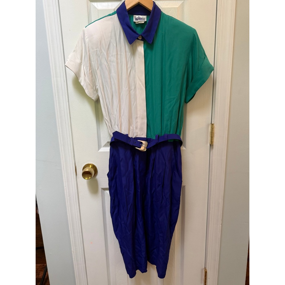 Nina Piccalino Vintage Colorblock Dress Purple Green White Belted Size 10